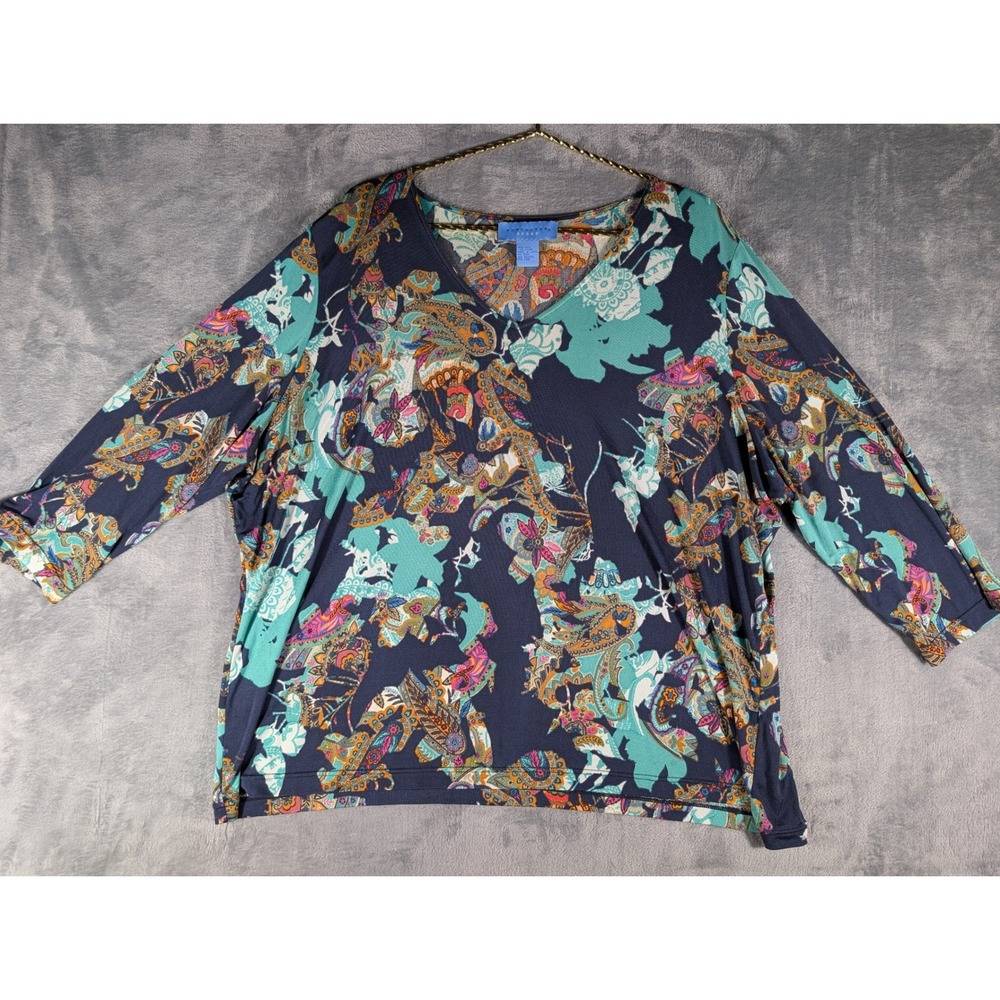 Doncaster Sport Navy Blue Silk Paisley Floral V-Neck 3/4 Sleeve Top‎ Plus 3XL